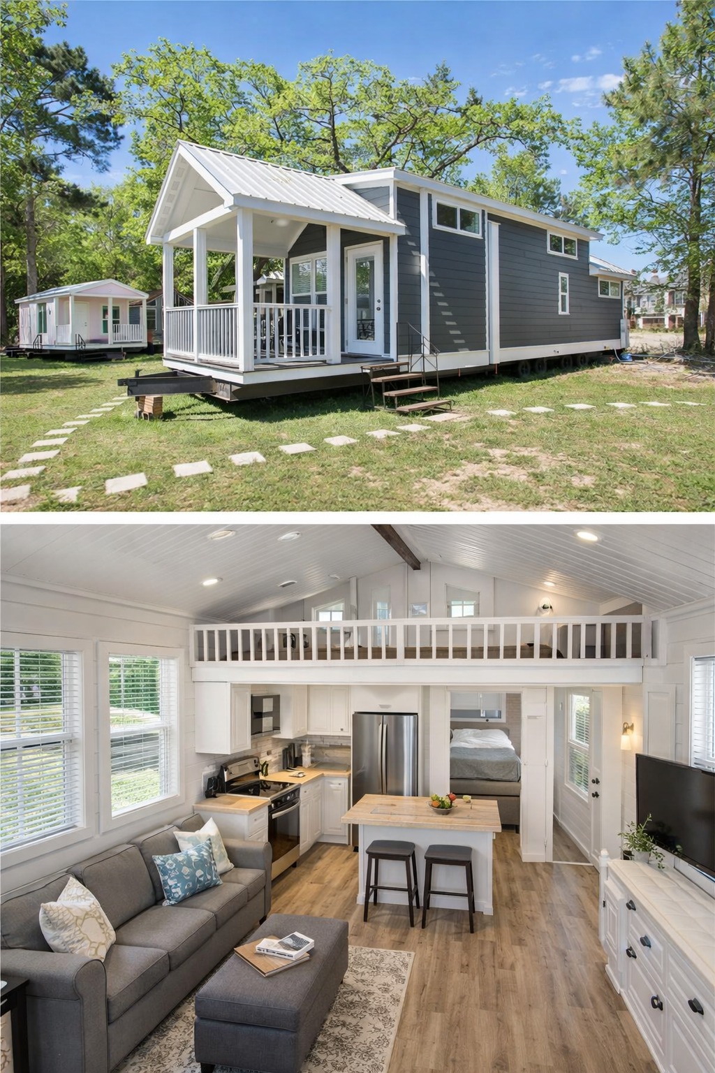 Split image; top half shows a gray tiny house with white trim on a grassy lot. Bottom half reveals a cozy, modern interior with a loft, kitchen, and living area.
