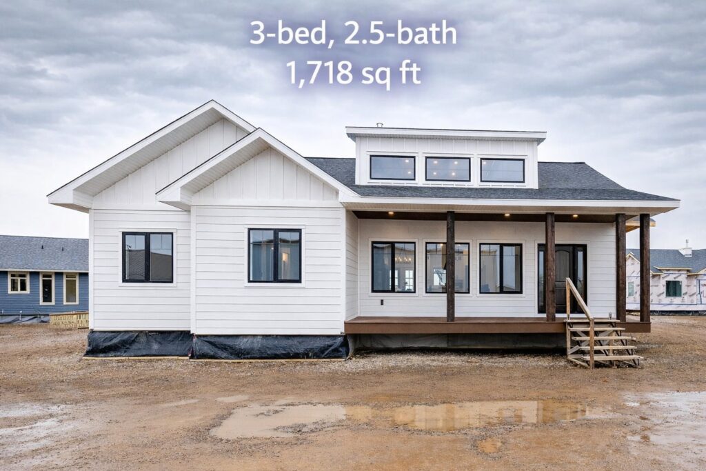 Modern white prefab house on a cloudy day, featuring front porch and wooden steps. Text reads "3-bed, 2.5-bath, 1,718 sq ft."