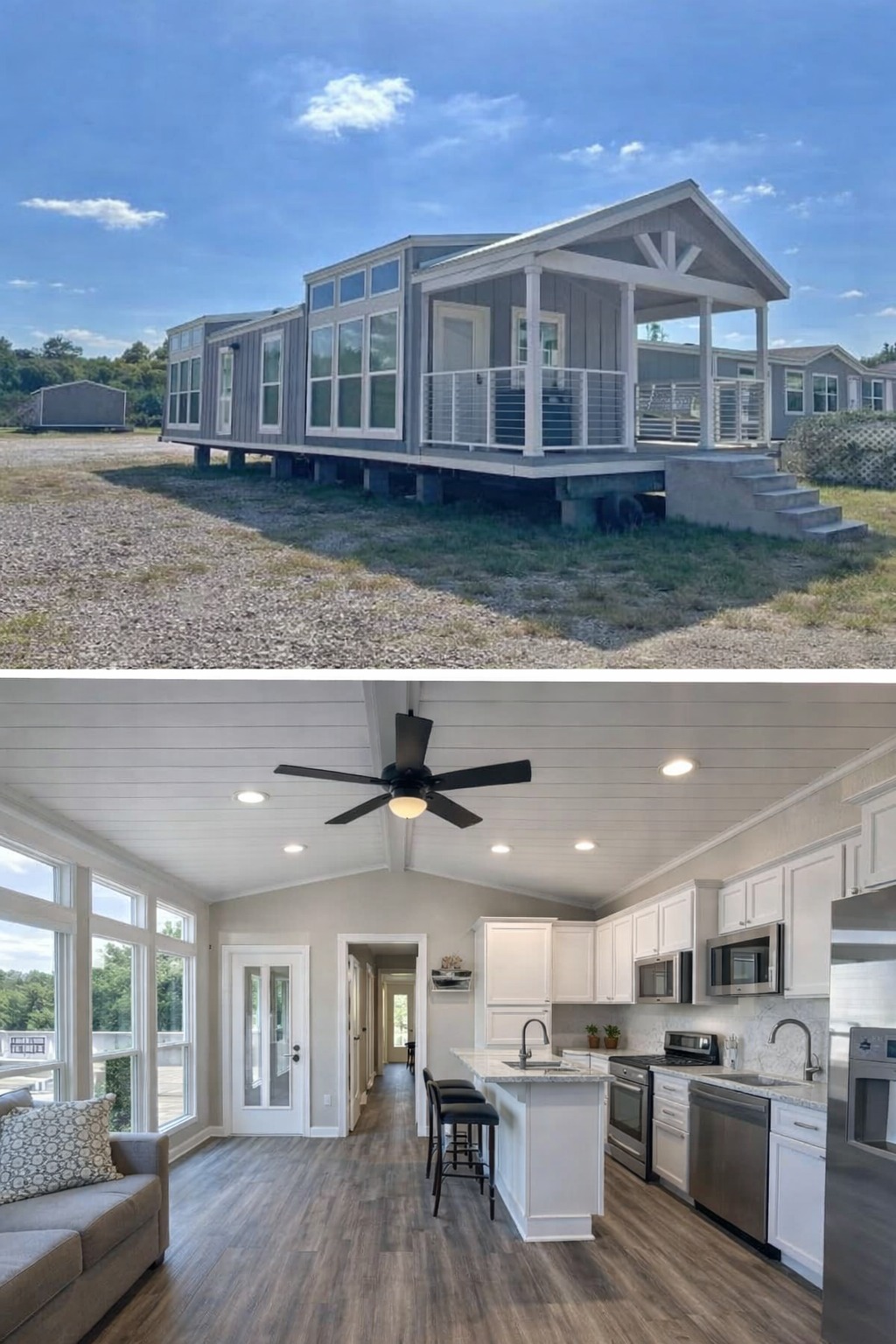 Elevated modern tiny house exterior with large windows and a porch. Interior features a bright, open kitchen with white cabinets, wooden floors, and a cozy ambiance.