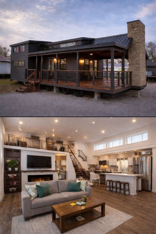 A modern tiny house with a wooden porch and stone chimney under a twilight sky. Interior shows a cozy open-plan living area with a loft and kitchen.