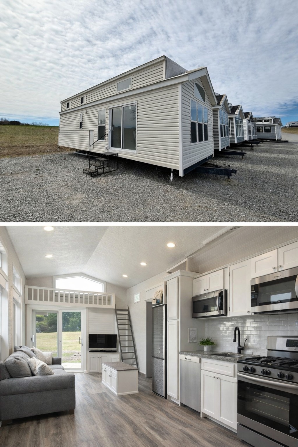 Row of tiny houses on gravel with cloudy sky above. Interior features a modern kitchen, loft, and cozy living area with large windows.