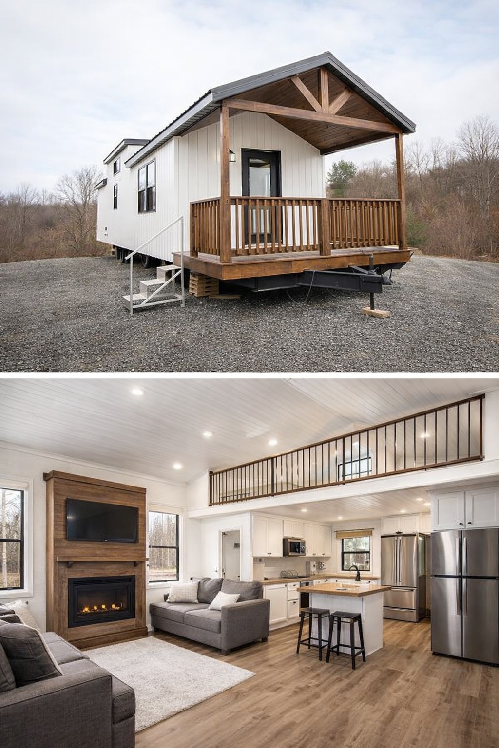 Exterior of a modern tiny home with a wooden porch, set on gravel. Inside, a cozy living space features a fireplace, kitchen island, and loft railing.
