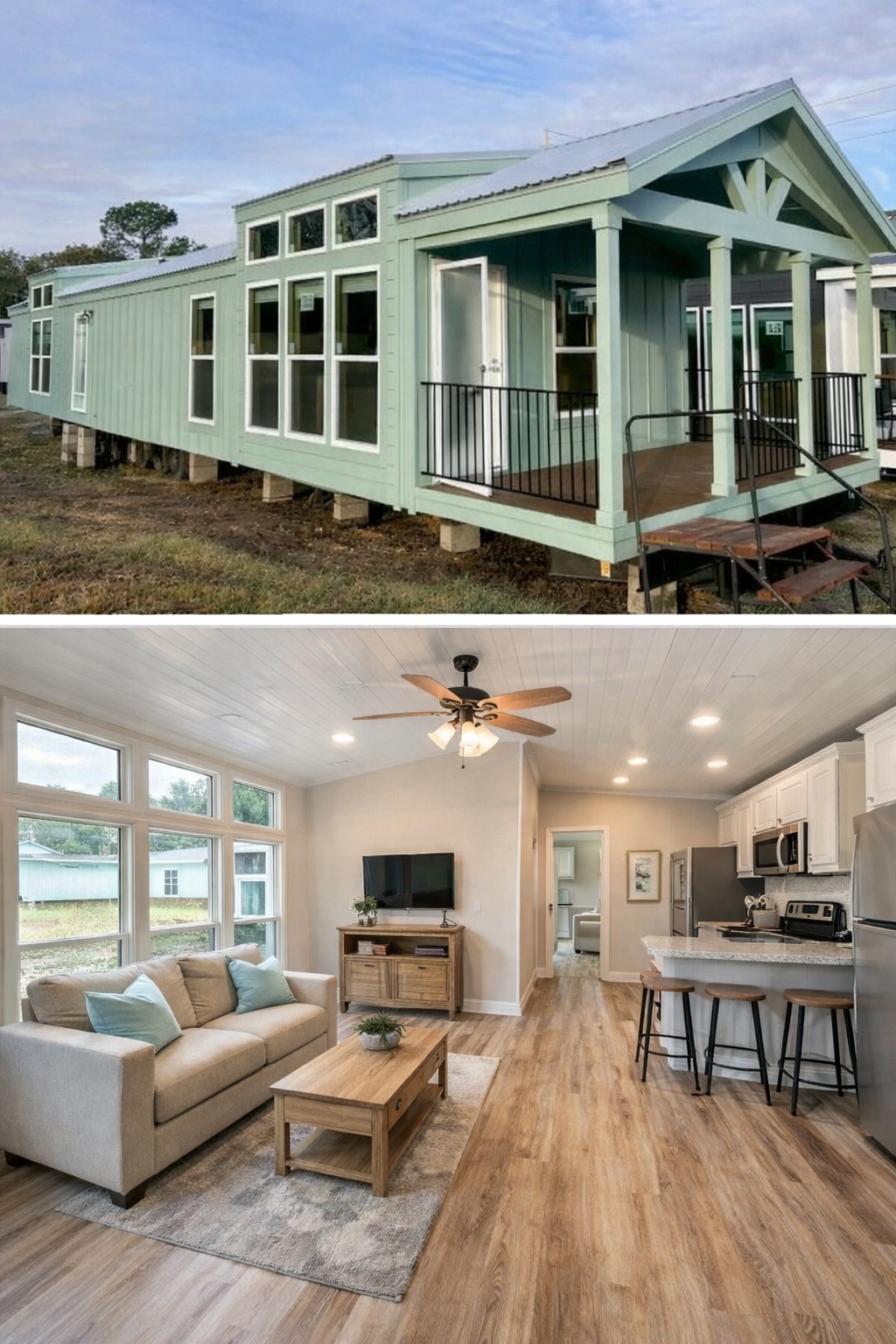 Split image of a tiny house. Top shows a green exterior with large windows and a front porch. Bottom reveals a cozy, modern interior with a living area, sofa, TV, kitchen, and bar stools, conveying warmth and functionality.