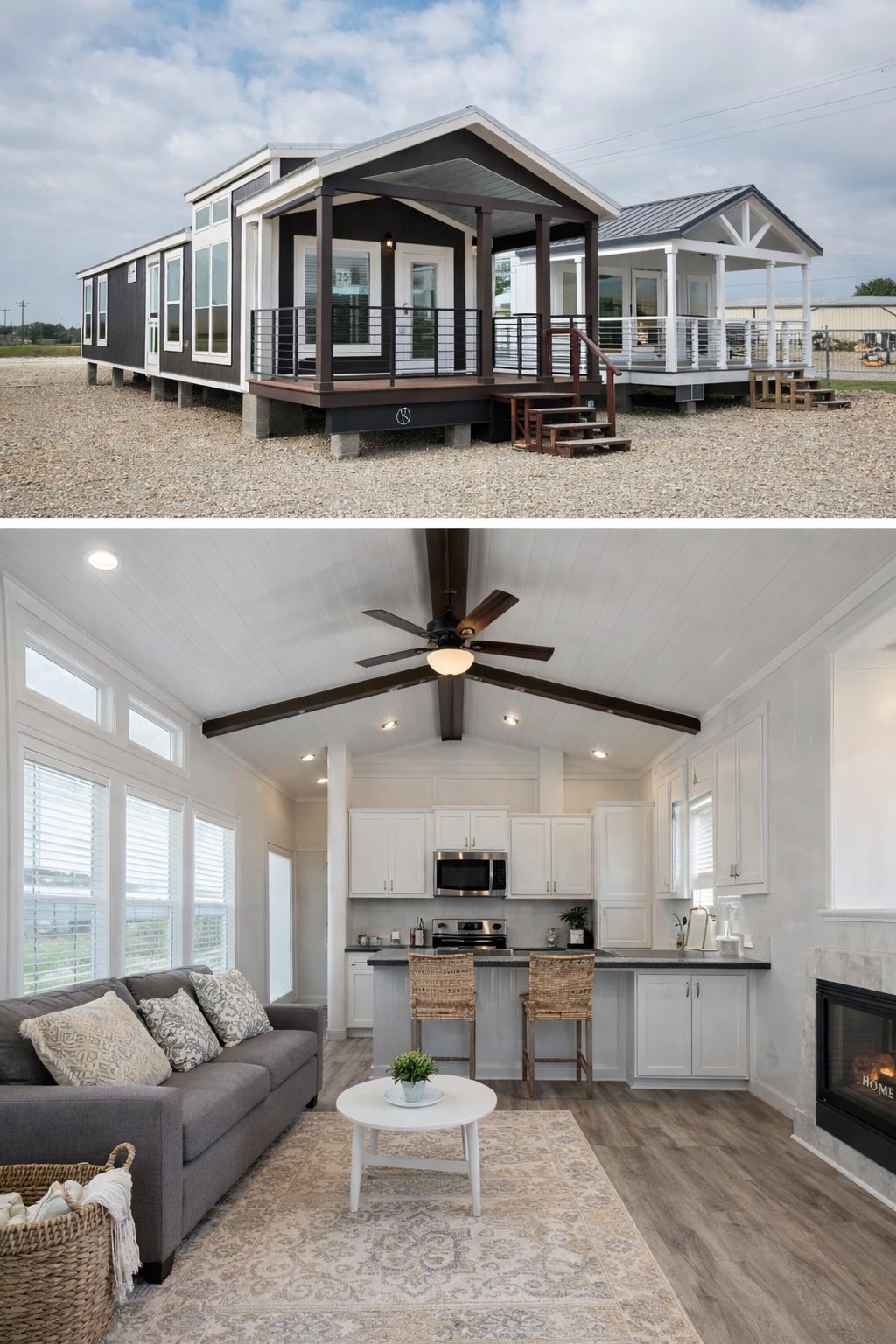 Two tiny homes sit on a gravel lot; one is dark with a modern porch, the other lighter. Inside view shows a cozy, stylish living area with a sofa, rug, and kitchen.