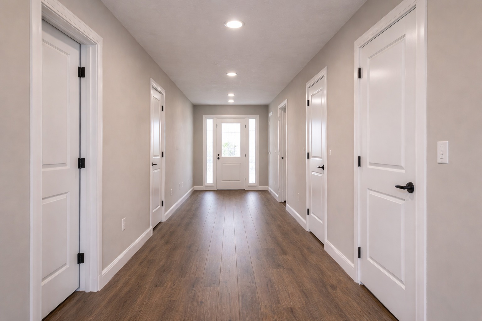 A well-lit hallway with wooden floors, light gray walls, and multiple white doors on both sides. The space feels open and inviting.
