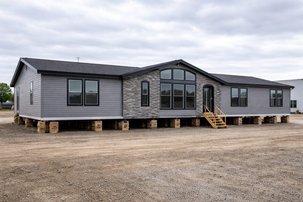 A modern gray manufactured home elevated on blocks with a gabled roof, large windows, and a central stone accent. The scene is overcast and muted.