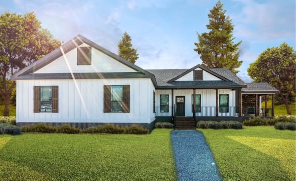 A charming white ranch-style house with a gable roof, black shutters, and a wrap-around porch is set against a backdrop of green trees on a sunny day.