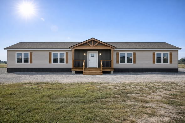 A beige modular home with a brown gabled roof stands under a bright blue sky and sun. It features a central porch with stairs, flanked by large windows.