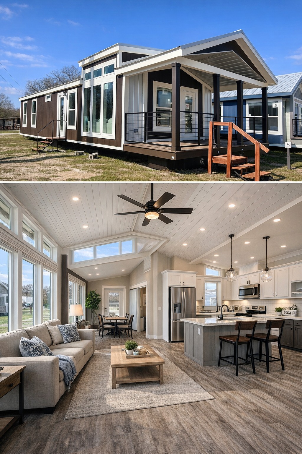 Modern tiny house with a large window facade and a sloped roof. Interior shows an open-plan living area with bright, airy decor and a sleek kitchen.