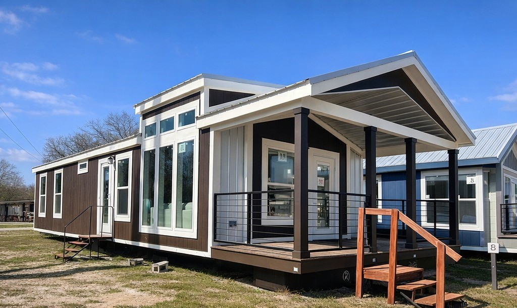 Modern tiny home with wood siding and large windows, featuring a covered porch with railings. Set in a grassy area under a clear blue sky.