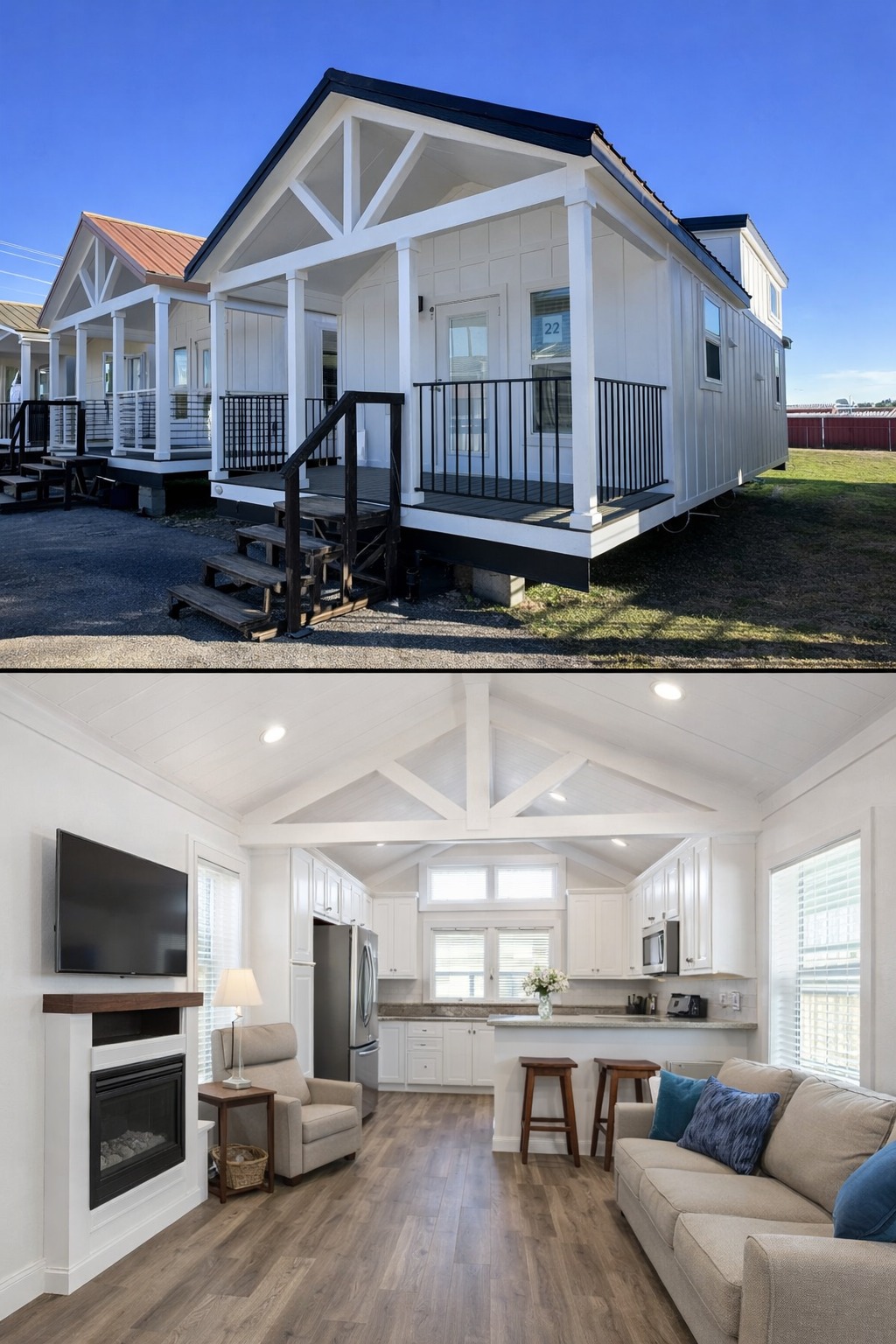 Two images: A row of modern tiny homes with white siding and dark roofs under a clear blue sky. Bright, inviting interior features open layout, white kitchen, cozy living area, and wooden floors.