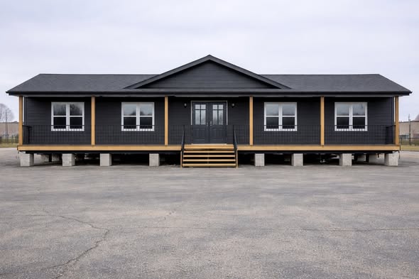 A dark gray, single-story modular building with a gabled roof sits on concrete piers. It features a central entrance with steps and multiple windows.