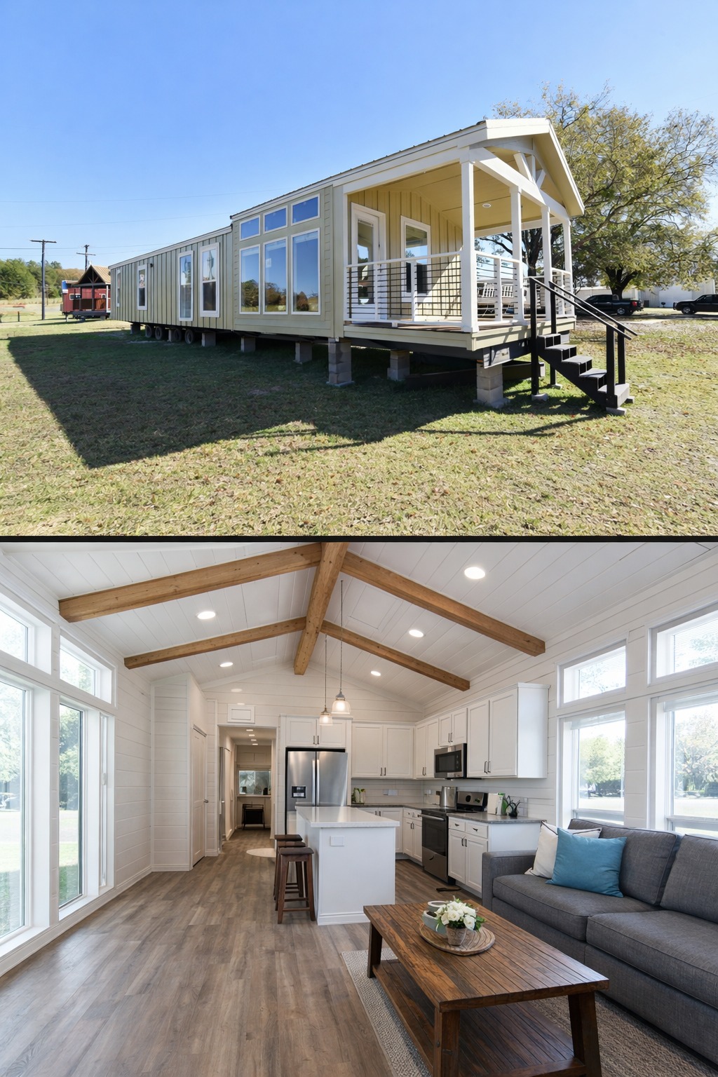 Modern tiny house on stilts with a spacious porch set on a grassy field. Interior features open-plan living area, wood beams, large windows, cozy decor.
