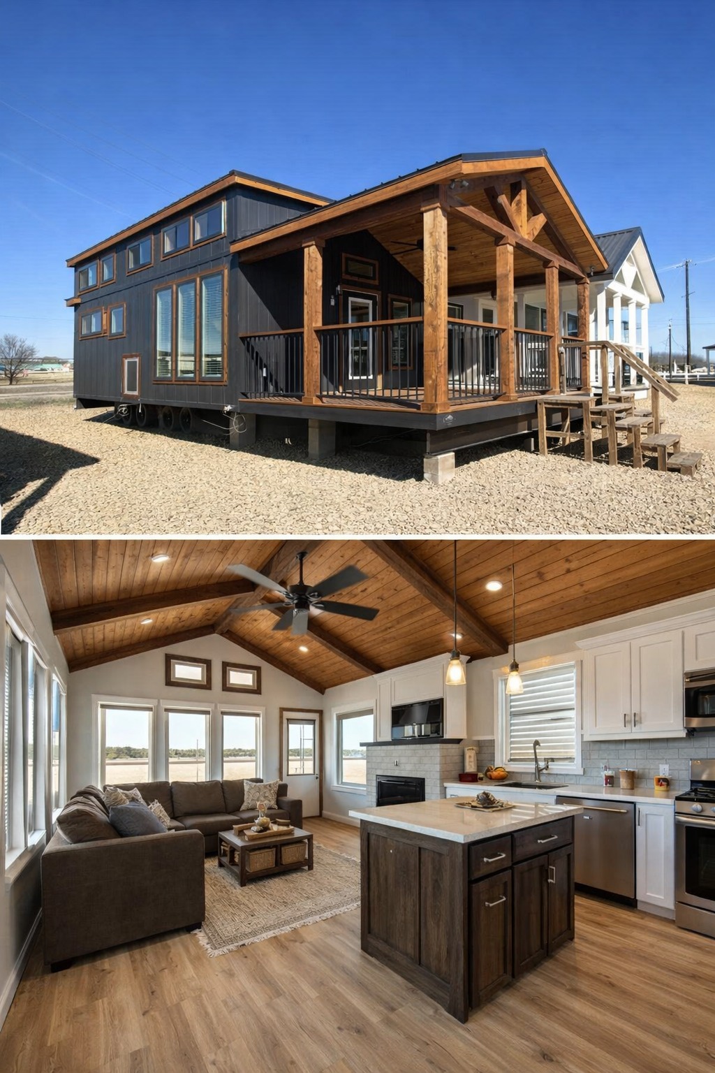 A modern tiny house with wooden accents sits on a gravel lot under a clear blue sky. Inside, it features a cozy, stylish living area with a vaulted ceiling, pendant lights, a comfortable sofa, and a fully equipped kitchen with an island.