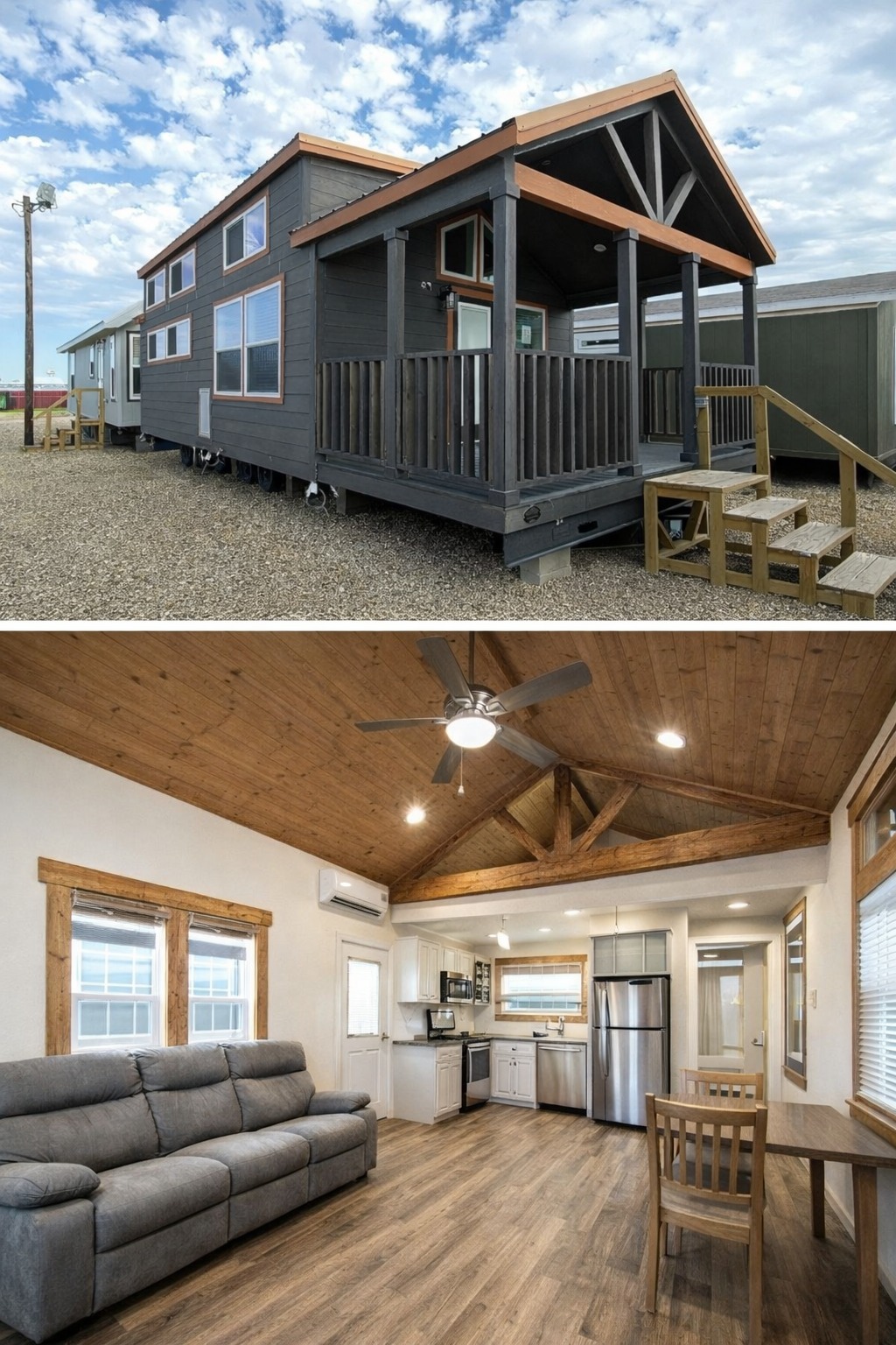 A modern tiny house with a dark exterior and small porch, set on gravel. Inside features a cozy, wooden interior with a gray sofa, kitchen, and dining area, conveying warmth and simplicity.