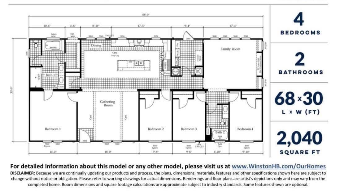 Floor plan of a house with four bedrooms, two bathrooms, a family room, and a gathering room. Dimensions are 68x30 feet, totaling 2,040 square feet.