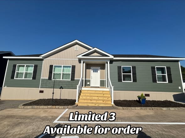 A new, single-story modular home with a beige and green exterior and a front porch. Text reads "Limited 3 Available for order," suggesting urgency.