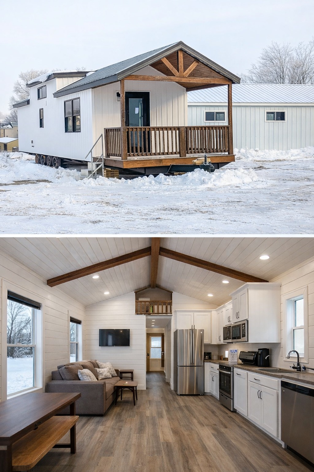 A modern tiny house in a snowy setting, featuring a front porch with wooden railing. Inside, a cozy living space with wood flooring, a sofa, kitchen appliances, and a wall-mounted TV under a vaulted ceiling with exposed beams.