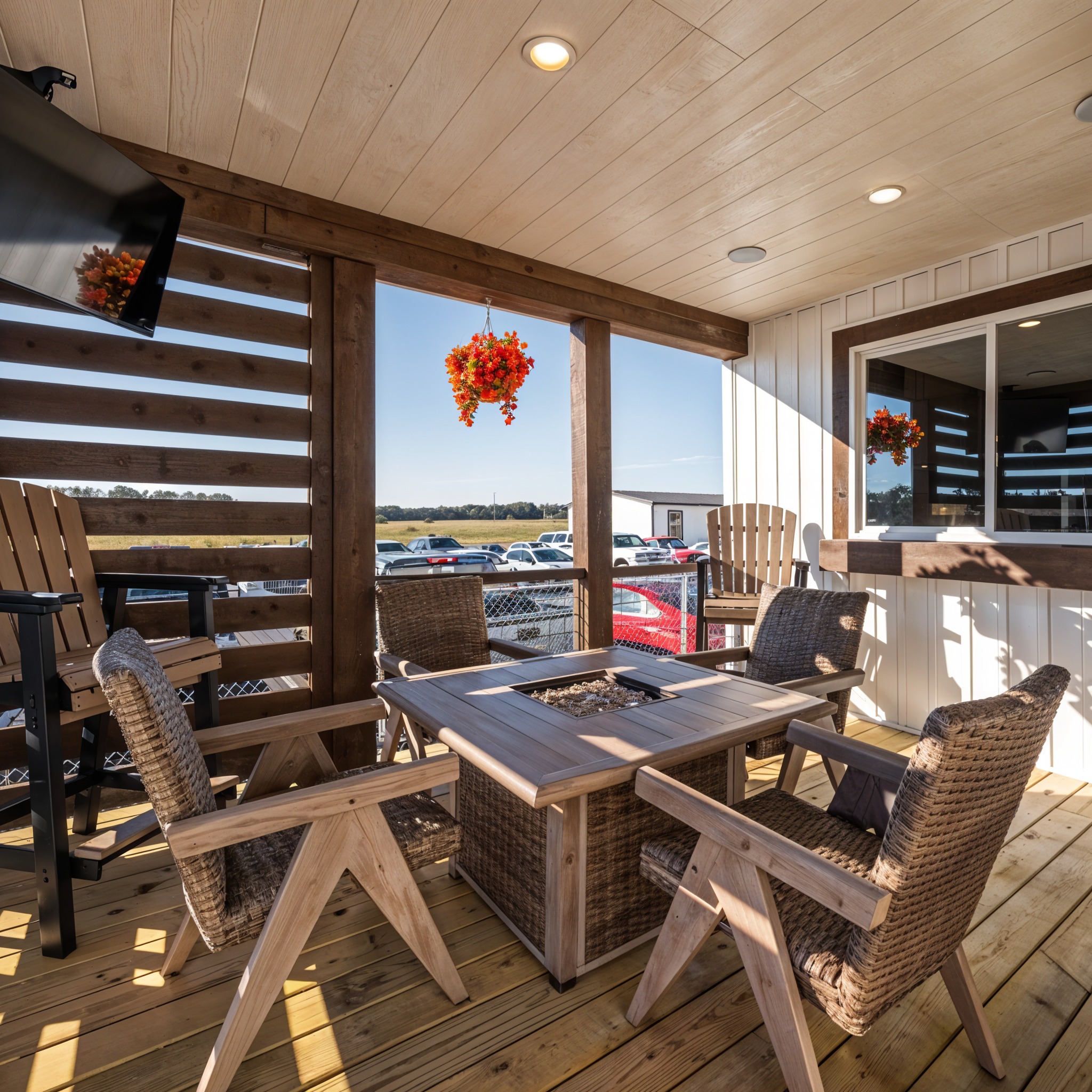 Outdoor patio with wicker chairs around a wooden table, hanging orange flowers, and a mounted TV. Bright, sunny ambiance with a scenic view.