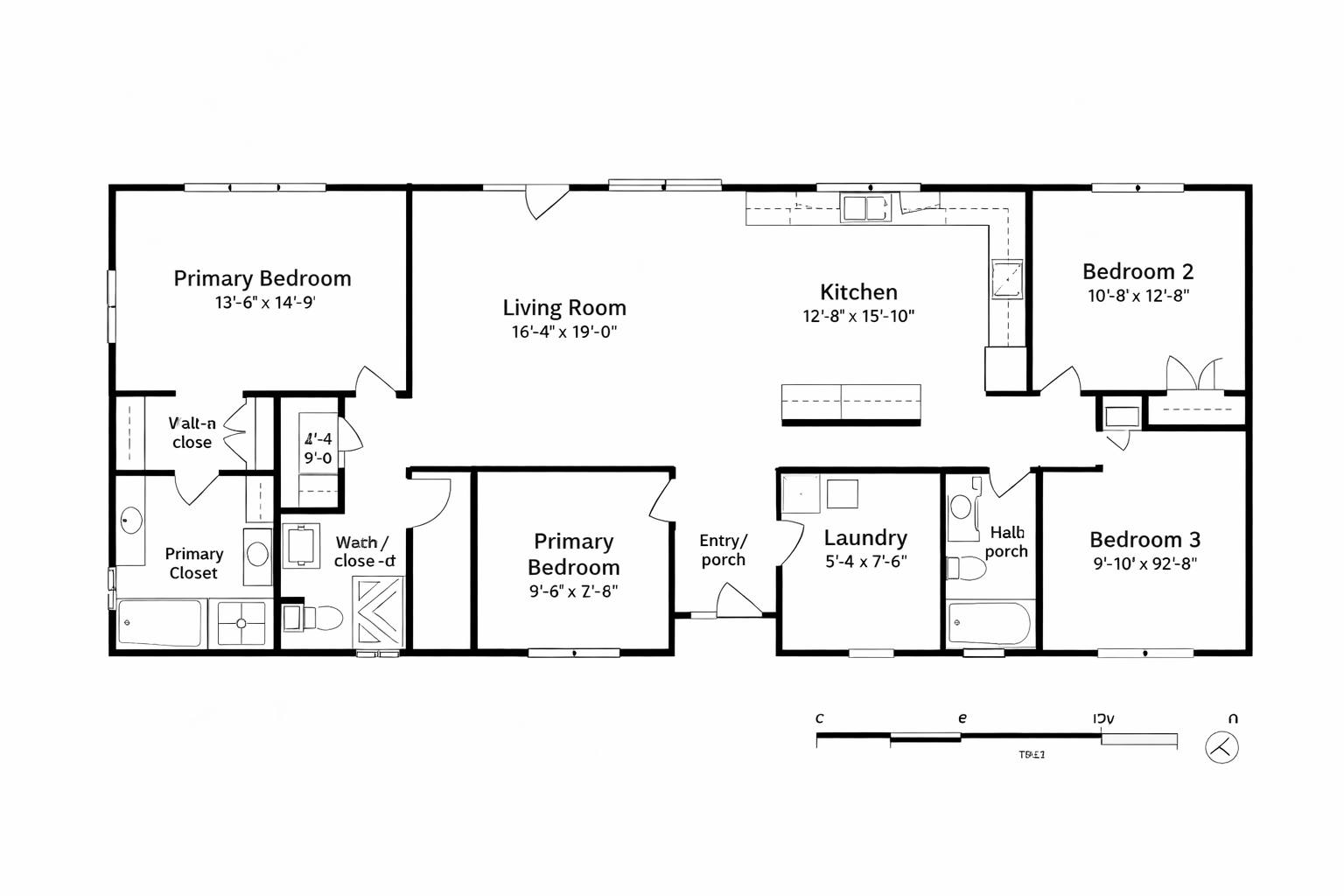 Floor plan of a three-bedroom house featuring a large living room, adjacent kitchen, and primary bedroom with ensuite bath. Includes laundry area and two porches.