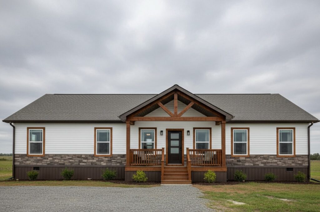A modern, single-story house with a gabled roof, white siding, and stone accents. It has a central porch, wooden beams, and a gravel driveway. Overcast sky.