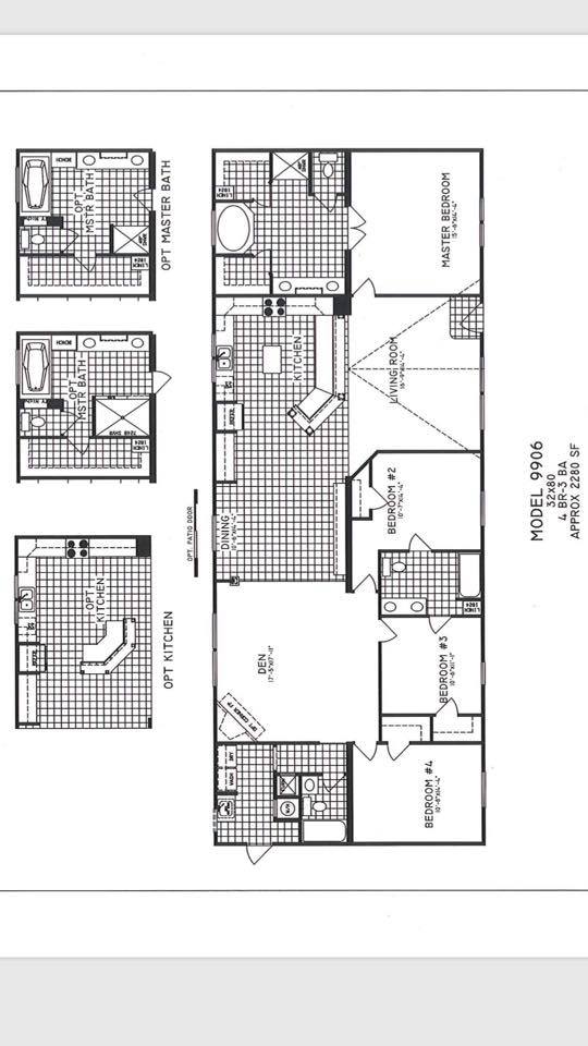 Floor plan for a home model 9906, featuring a master bedroom, two additional bedrooms, kitchen, living area, and bathrooms. The layout is detailed and spacious.