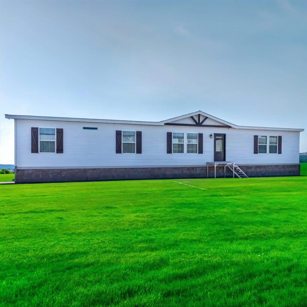 A white mobile home with dark shutters sits on a lush green lawn under a clear blue sky. The scene conveys a sense of tranquility and simplicity.