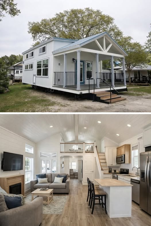 Alt text: "Two images of a modern tiny house. Exterior shows a white house with a blue roof and small porch. Interior reveals a cozy living room, kitchen, and loft, conveying a warm, inviting atmosphere."