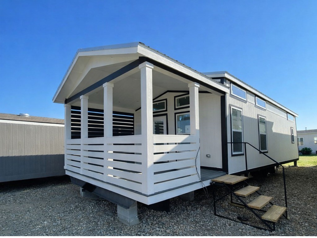 A modern white mobile home with a covered porch and steps. It has large windows and a bright blue sky, conveying a fresh, inviting feel.