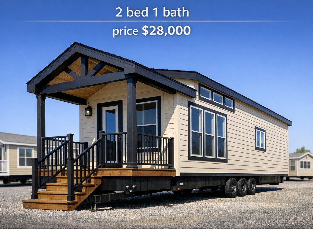Spacious beige and black tiny house on wheels with a front porch, priced at $28,000. Text reads "2 bed 1 bath." Bright, sunny day.