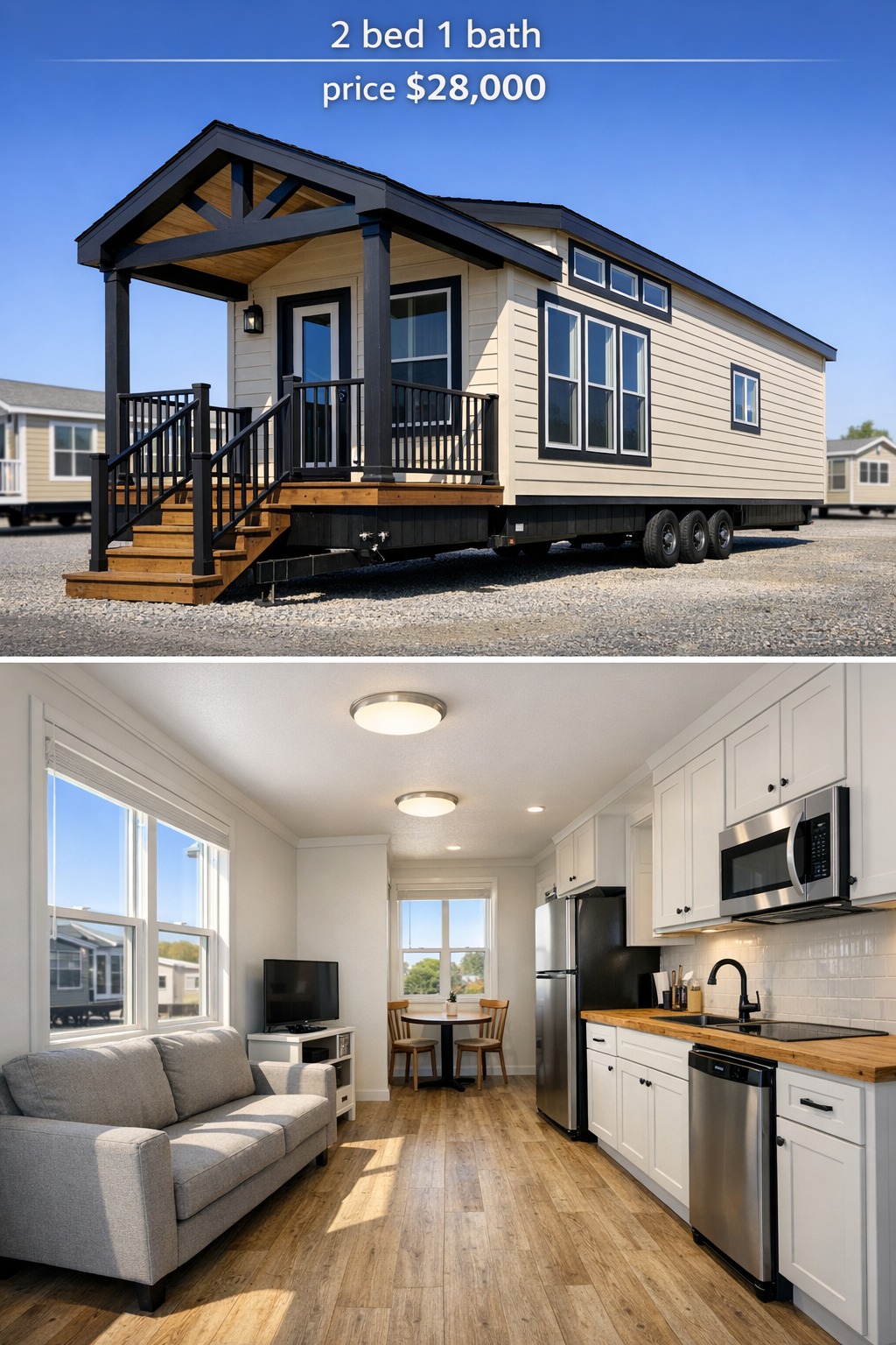 Exterior view of beige tiny home with dark accents, on wheels, in a lot. Interior shows a cozy living area with a gray sofa, compact kitchen, white cabinets.