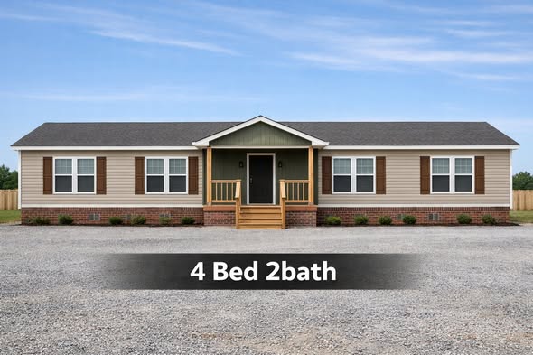 Single-story beige house with brown shutters, green accents, and a small porch. Gravel driveway in front; text reads "4 Bed 2 Bath."