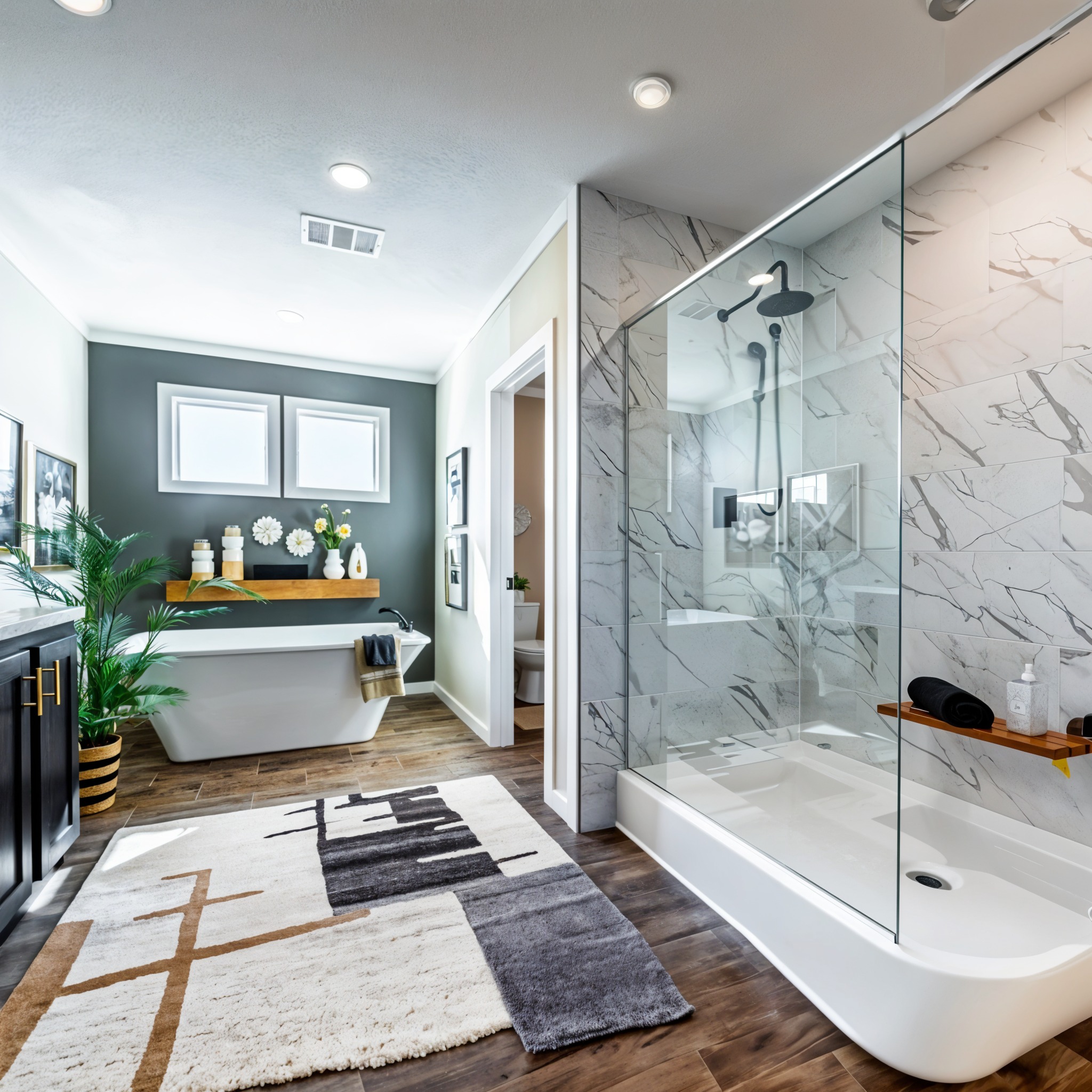 Modern bathroom with a marble-tiled shower, freestanding bathtub, and sleek dark vanity. Wooden accents and plants add warmth, creating a serene vibe.