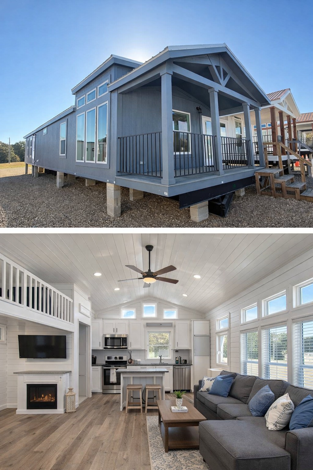 Modern tiny house with blue exterior and a porch, featuring large windows. Interior shows a bright living area with a kitchen, loft, and cozy decor.