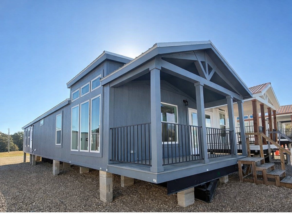 Modern prefab home with blue-gray siding and tall, narrow windows sits elevated on concrete blocks. The sun shines brightly, highlighting a small porch.
