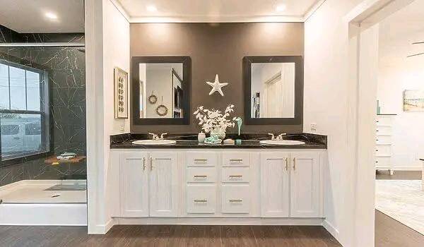 Elegant bathroom features dual sinks on a white vanity with black countertop, dark walls, and starfish decor. Adjacent shower with glass door.