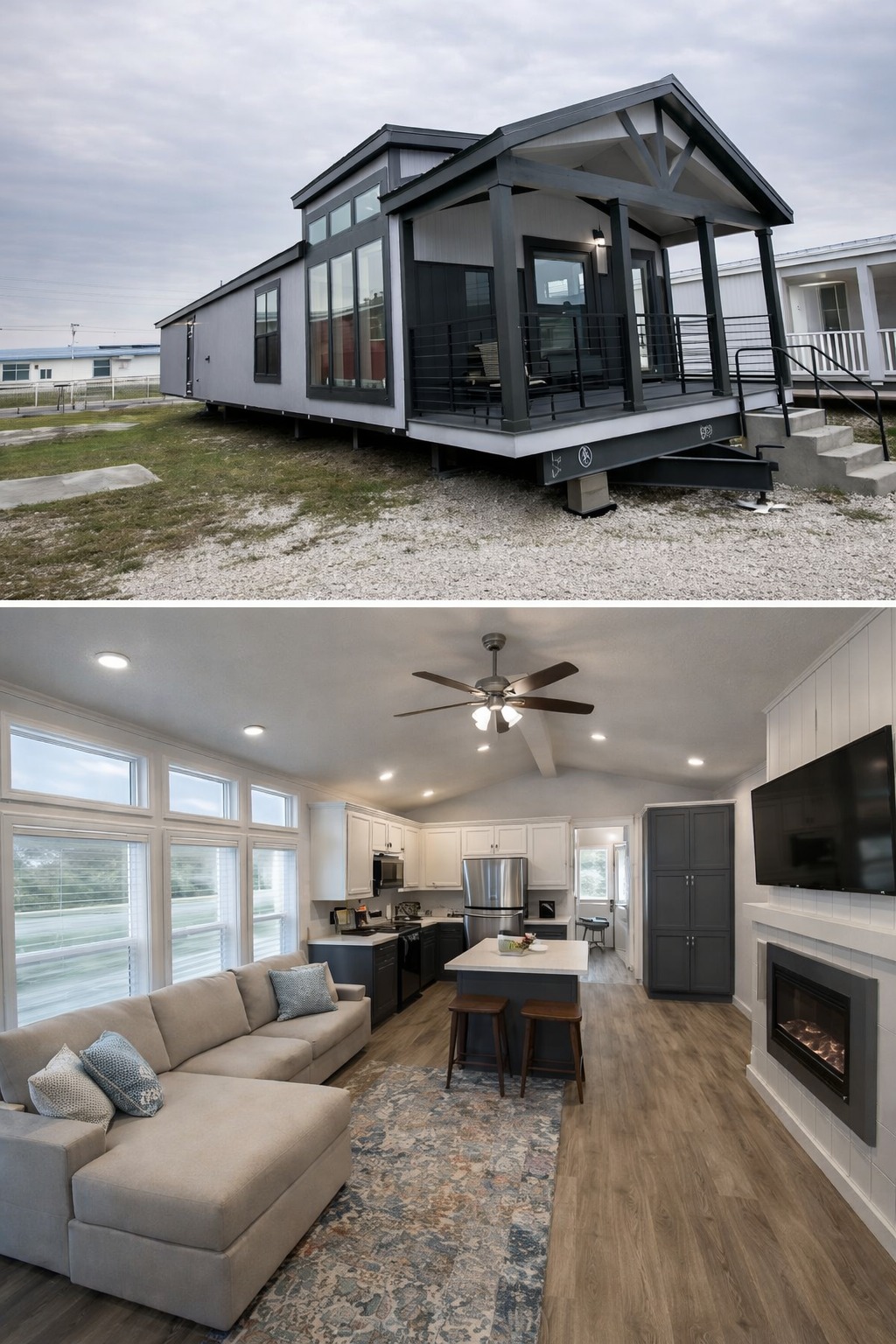 Modern tiny house exterior with sleek dark siding, large windows, and a small porch. Cozy interior with a living room, kitchen, and fireplace.