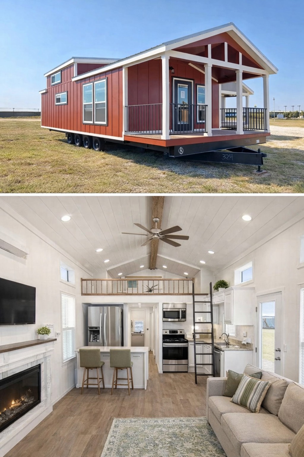 A red tiny house on a trailer stands in a field under a clear sky. Inside, it features a cozy, modern living area with a sofa, fireplace, and loft.