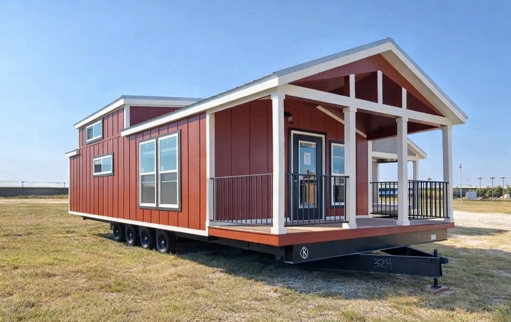 Red tiny home on wheels with white trim, large windows, and a small covered porch. It sits on a grassy area under a clear blue sky.