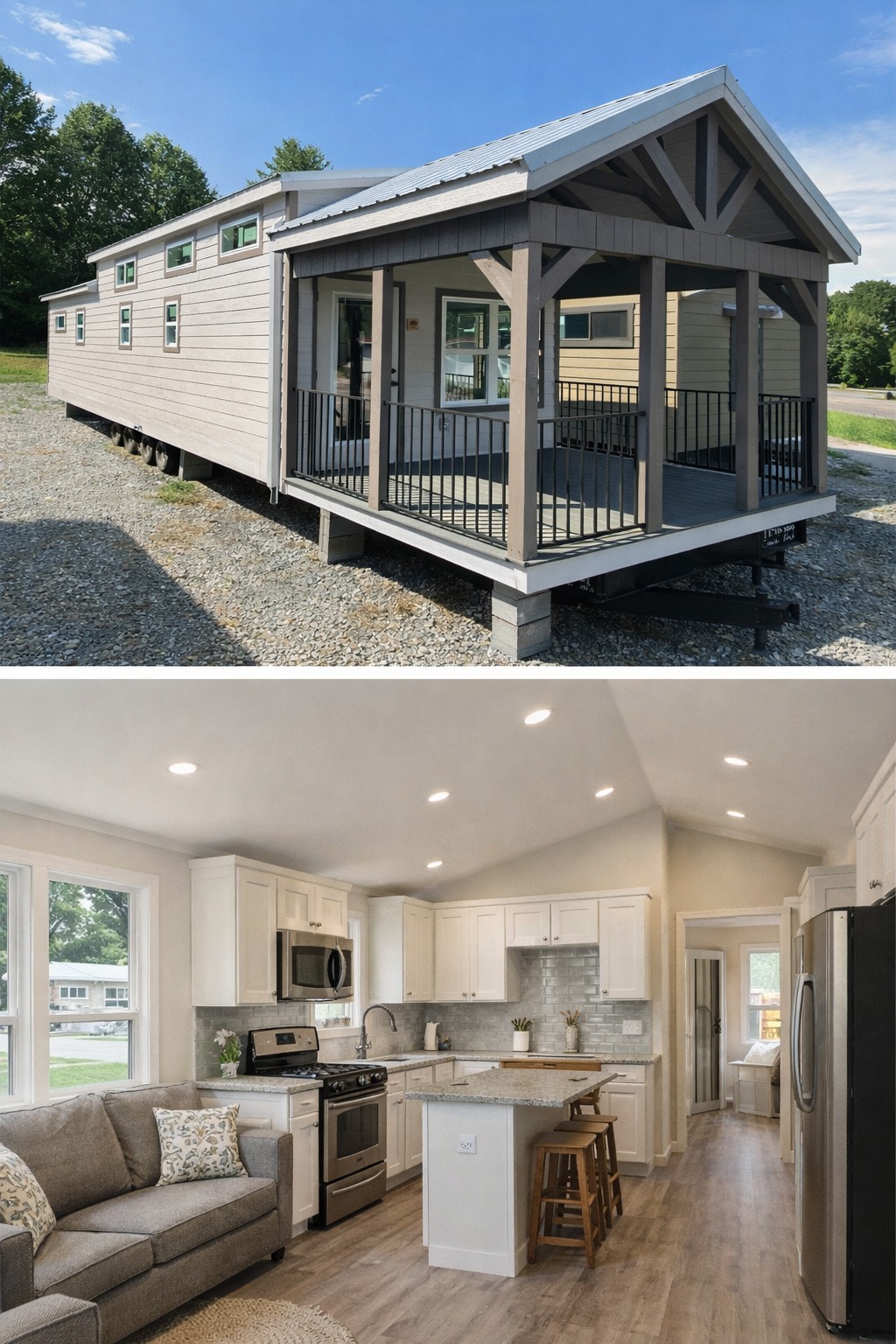 Top image shows a modern tiny house on a gravel lot with a covered porch and large windows. Bottom image features a cozy interior with a kitchen, sofa, and bright decor.