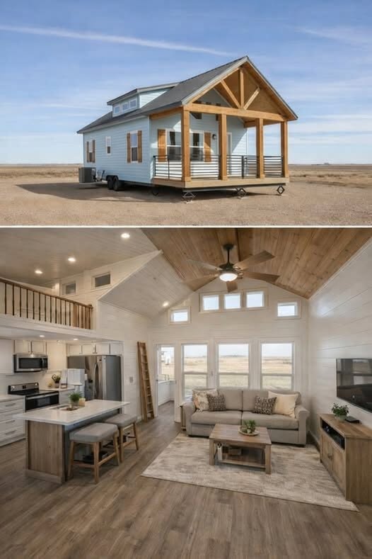 Exterior and interior of a modern tiny house. The outside has a light blue facade with wooden accents. Inside, a cozy living area with a open layout, wood tones, and large windows creates an airy feel.