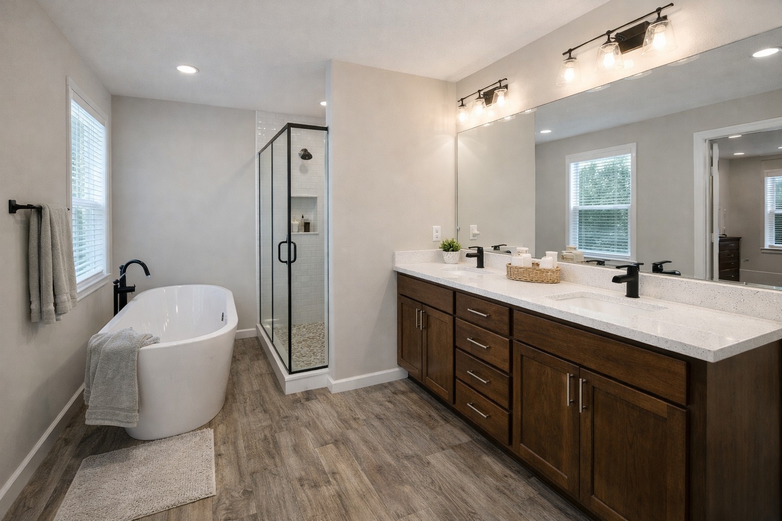 Stylish bathroom with a freestanding tub, glass shower, and double vanity. Wood floors and soft lighting create a warm, inviting atmosphere.