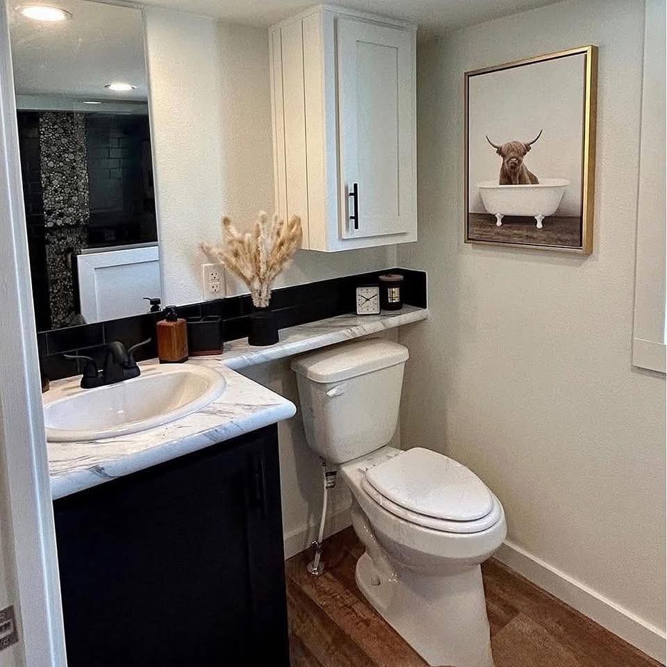 SEO-optimized alt text for a high-ranking, modern tiny house or luxury park model bathroom featuring a contemporary black vanity with a white marble-look countertop and a matching drop-in sink; the professional interior design showcases a clean white toilet, a space-saving white medicine cabinet, and a stylish framed art piece of a highland cow in a tub, all set against neutral walls and durable wood-grain flooring to highlight premium small-space floor plans, creative tiny home decor, and sophisticated modular home bathroom finishes for maximum search engine visibility and ranking.

Would you like me to describe the colorful living area or the loft space of this tiny home next?